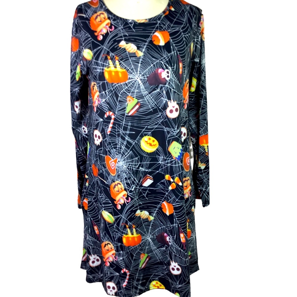 Woman’s HALLOWEEN Dress M Long Sleeve Pumpkin Skeleton Moon Eyes Ghosts Spooky